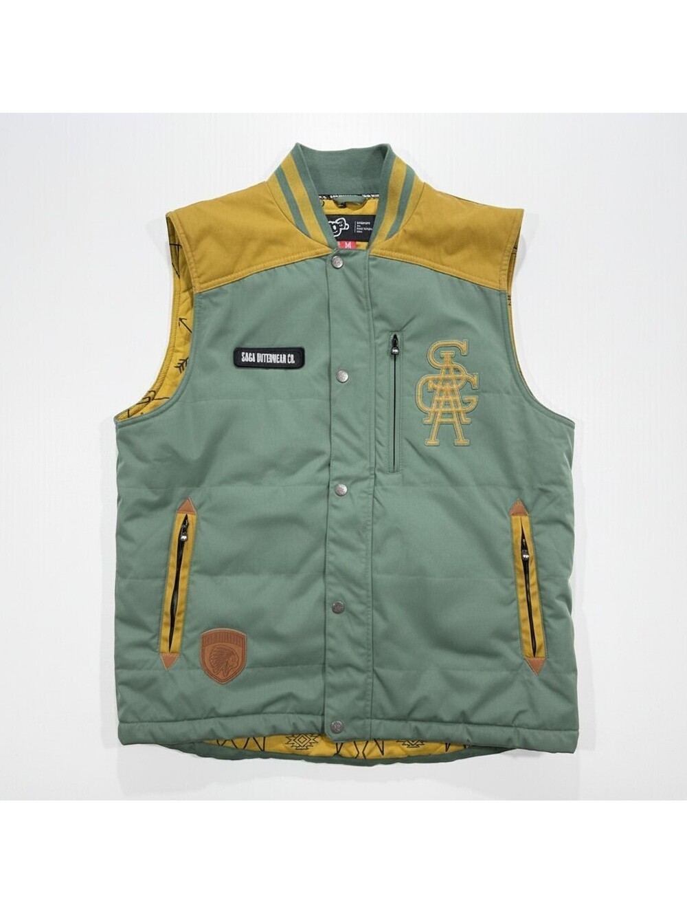 Saga Outerwear Co Mens M Insulated Vest Green Mustard Ski Snowboard Saga-Tek